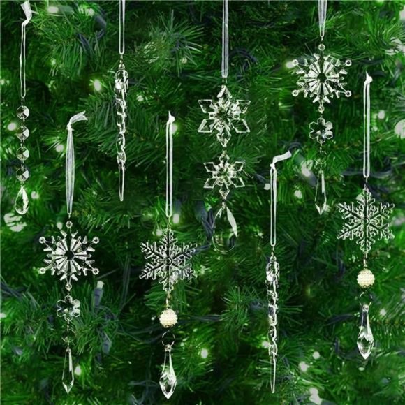 18pcs Christmas Tree Crystal Ornaments - Hanging Acrylic Snowflake Icicle Drop - Picture 6 of 6